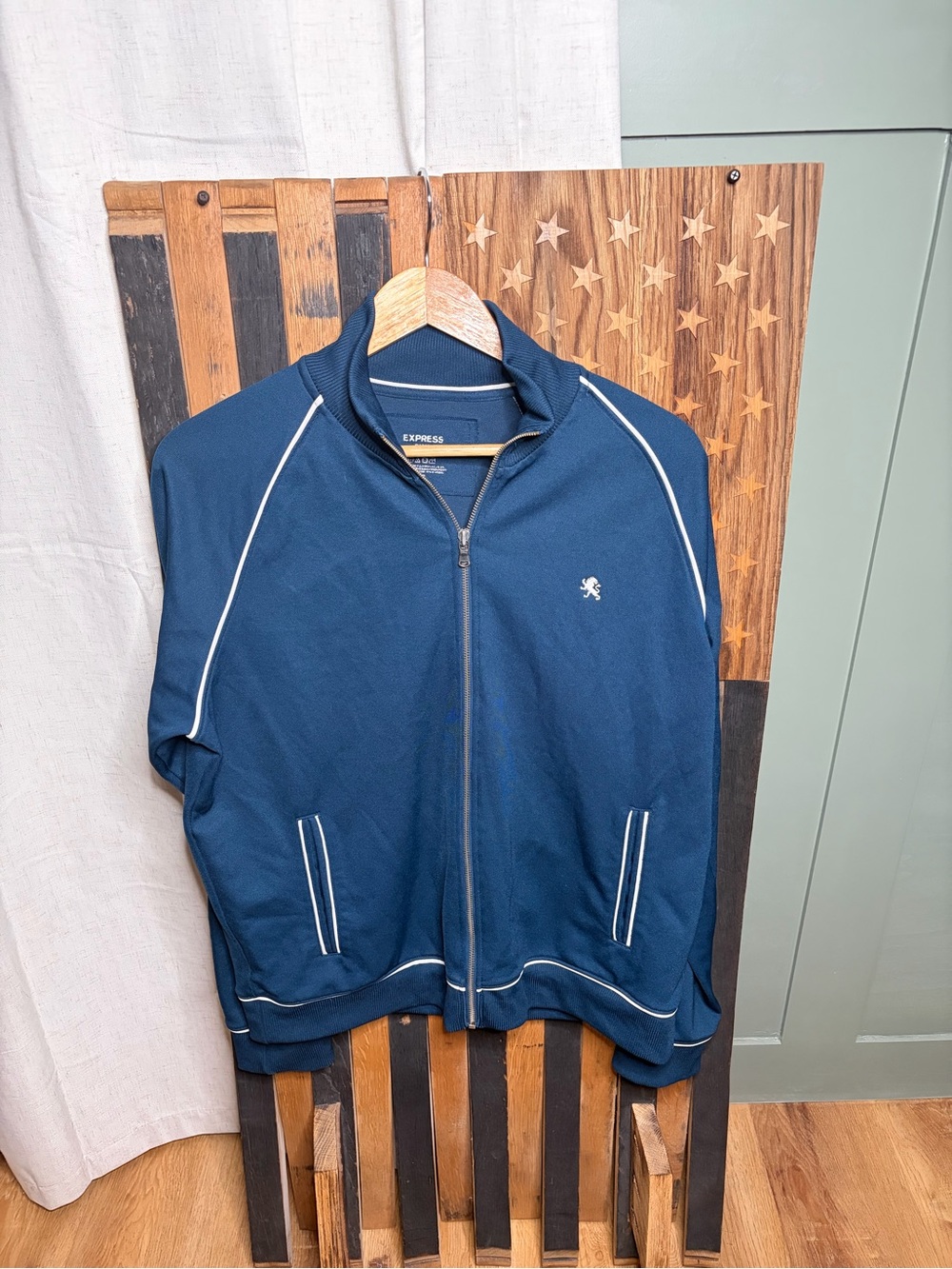 Express Men's Navy Full-Zip Track Jacket with White Piping